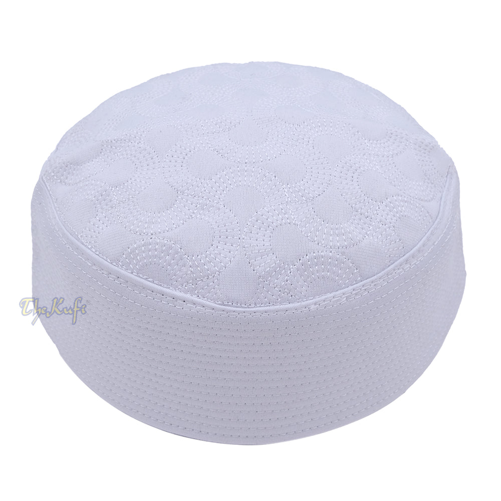 White Semicircle Motif Top – Malawi African Muslim Kufi Hat – Islamic Semi-Stiff Stitched Wall Prayer Cap