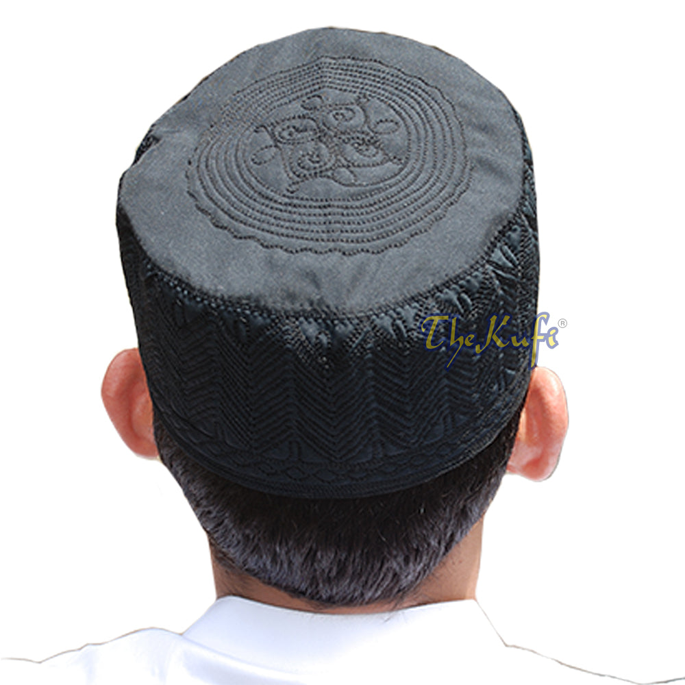 Topi Kufi 3 inci Bersulam Kain Hitam Cantik