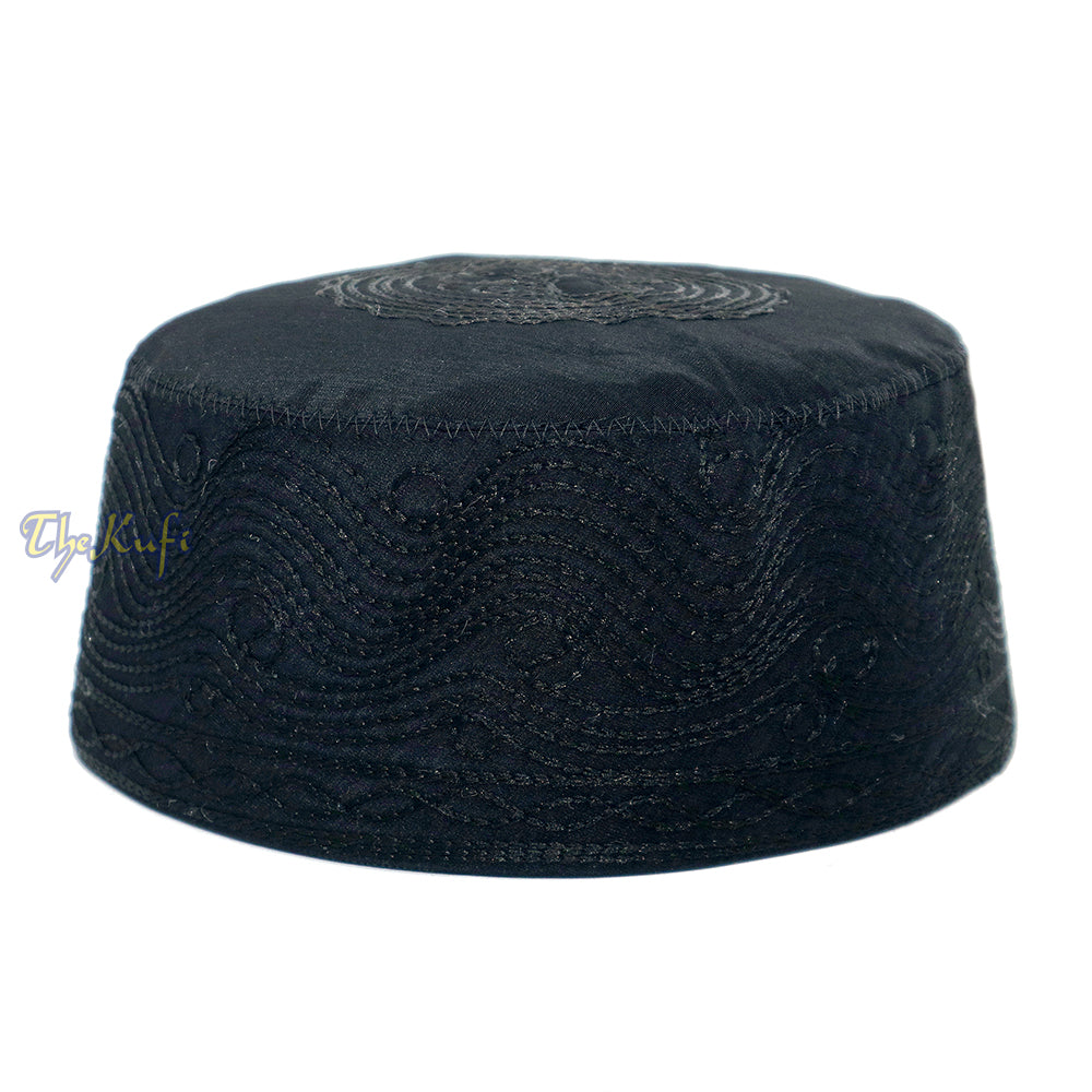 Topi Kufi 3 inci Bersulam Kain Hitam Cantik