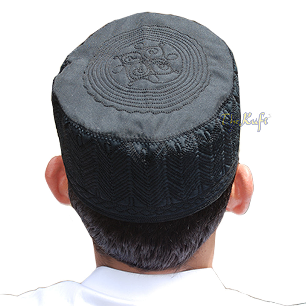 Black Madinah Kufi | Embroidered Mix Fabric 3-Inch Muslim Hat