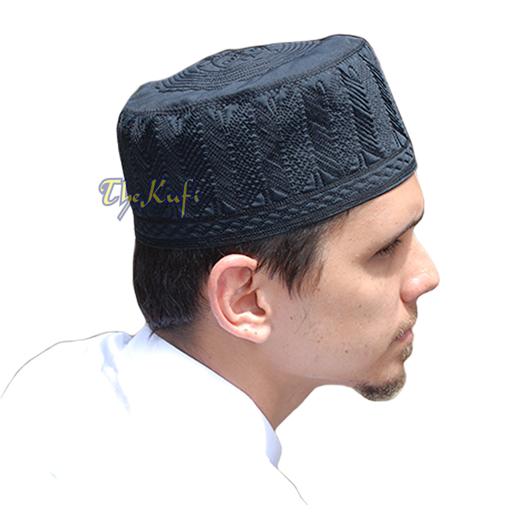 Topi Kufi 3 inci Bersulam Kain Hitam Cantik
