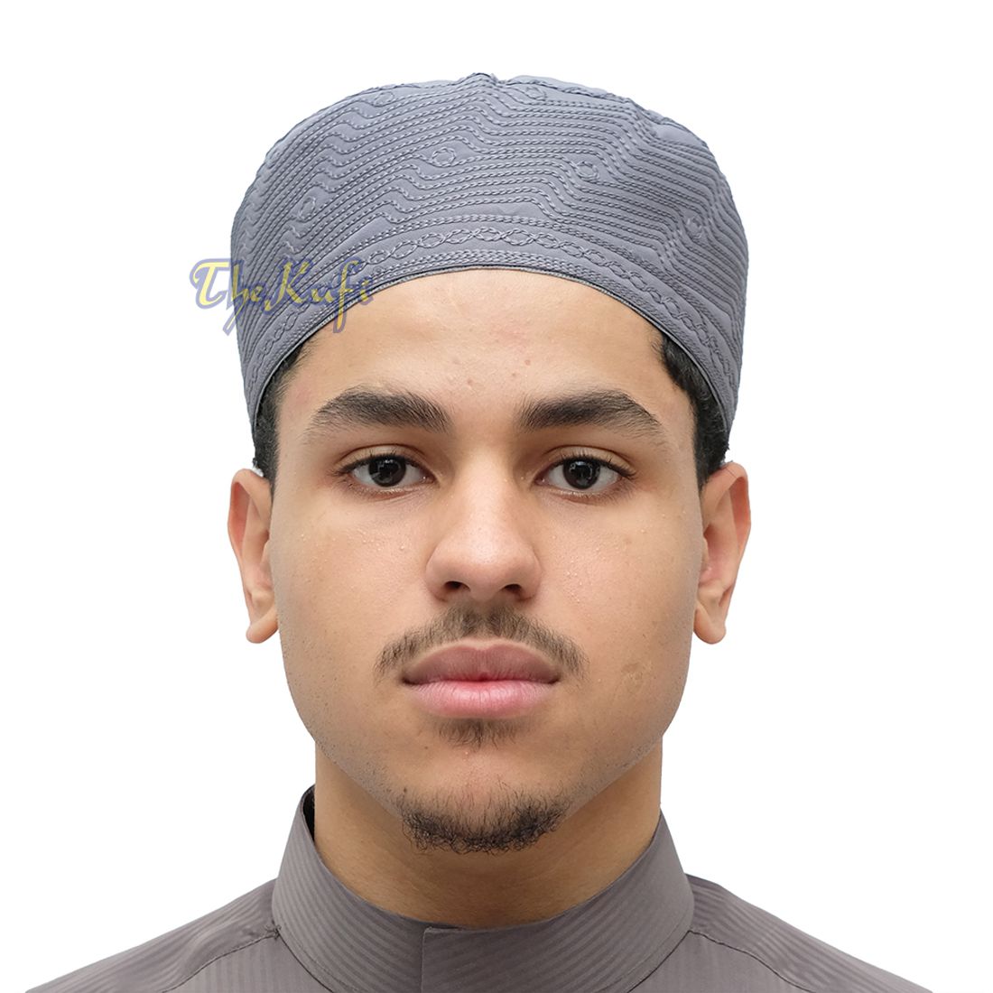 Dark Grey Madinah Kufi | Mix Fabric Embroidered 3-inch Islamic Cap Hat