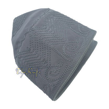 Dark Gray Madinah Kufi | Mix Fabric Embroidered 3-inch Islamic Cap Hat
