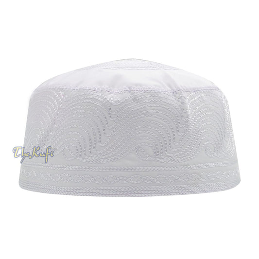 White Madinah Kufi | Embroidered Mix Fabric 3-inch Muslim Hat