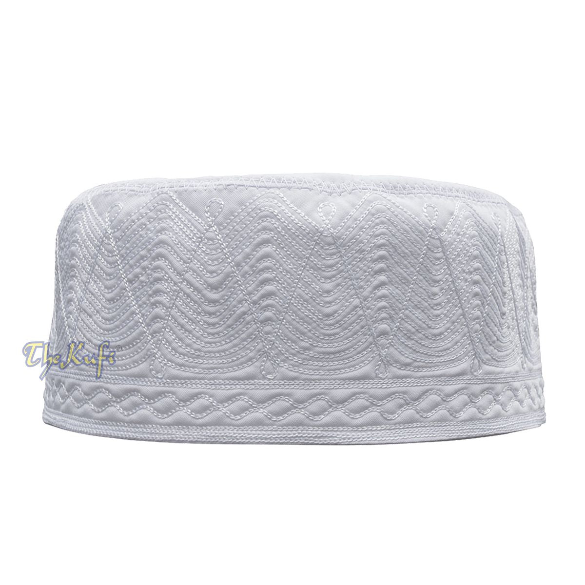 White Madinah Kufi | Embroidered Mix Fabric 3-inch Muslim Hat