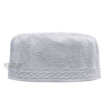 White Madinah Kufi | Embroidered Mix Fabric 3-inch Muslim Hat
