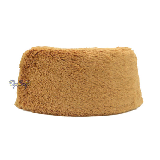 Golden Brown Winter Kufi Faux Fur Warm Chechen Uzbeki Style Islamic Hat Plush One-Size Medium-Large Stretchy 4-inch Tall Head Cover Muslim