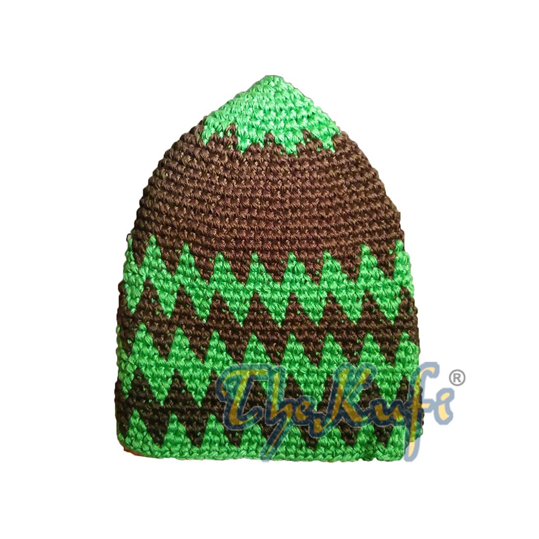 Hand-crocheted Cotton Sturdy Bright Green & Dark Brown Zigzag Kufi Hat