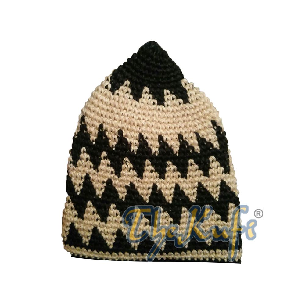 Hand-Crocheted Cotton Sturdy Black & Faded Khaki Zigzag Kufi Hat