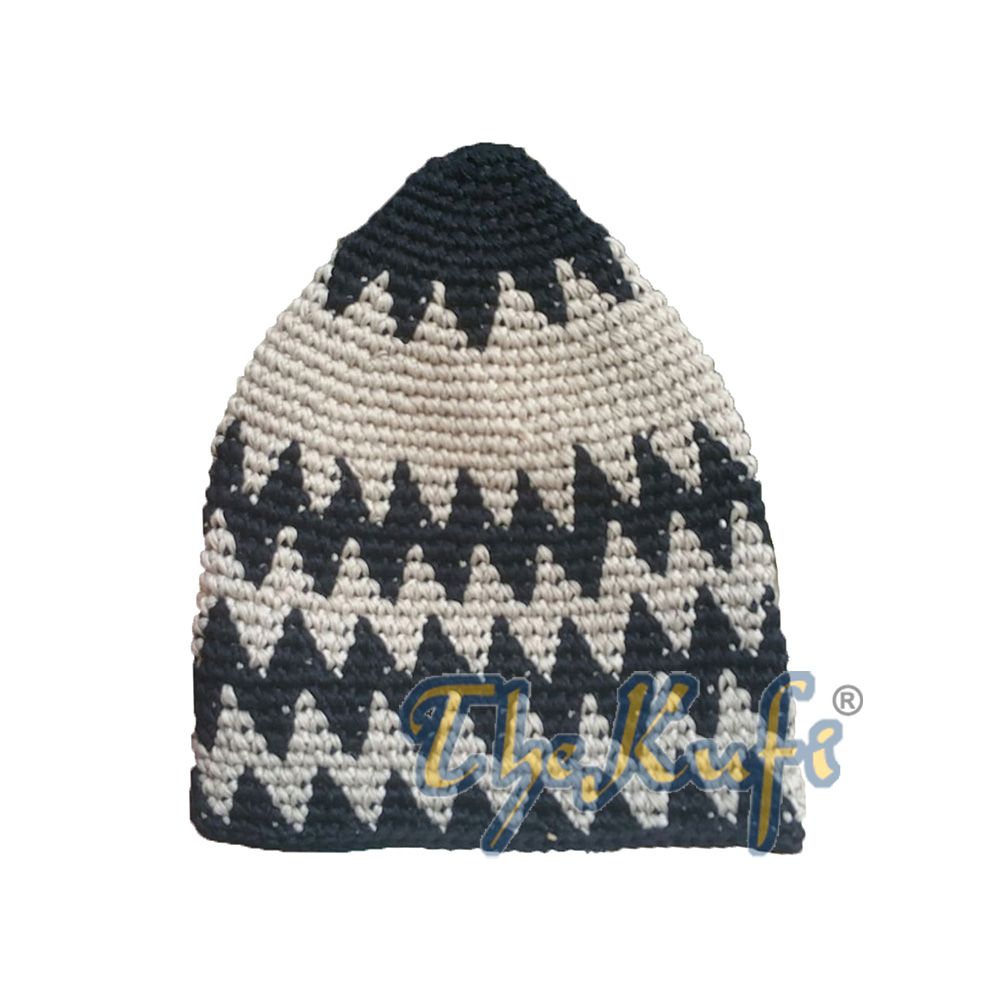 Hand-Crocheted Cotton Sturdy Black & Khaki Zigzag Kufi Hat