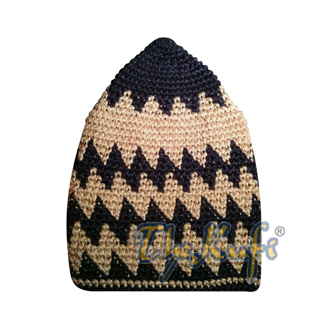 Hand-crocheted Cotton Sturdy Blue & Faded Khaki Mix Zigzag Kufi Hat