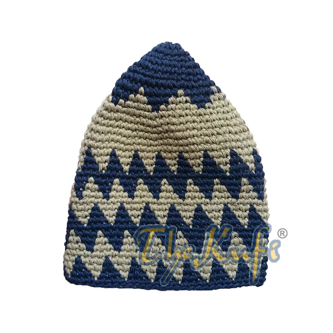 Hand-crocheted Cotton Sturdy Blue & Khaki Zigzag Kufi Hat