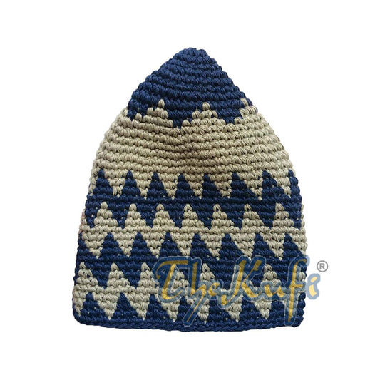 Hand-crocheted Cotton Sturdy Blue & Khaki Zigzag Kufi Hat