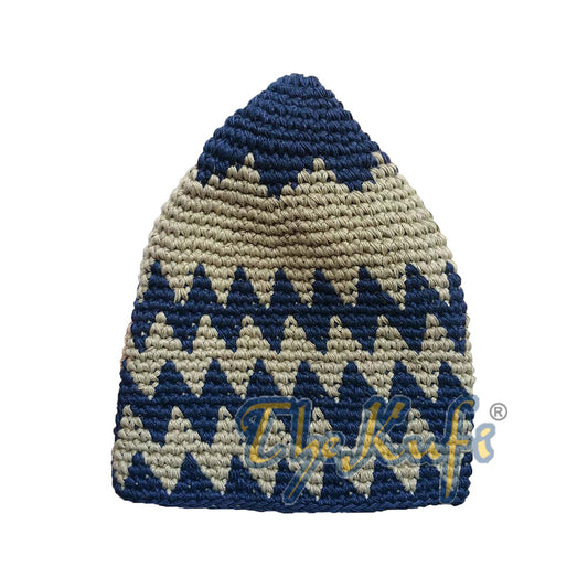 Hand-Crocheted Cotton Sturdy Blue & Khaki Zigzag Kufi Hat