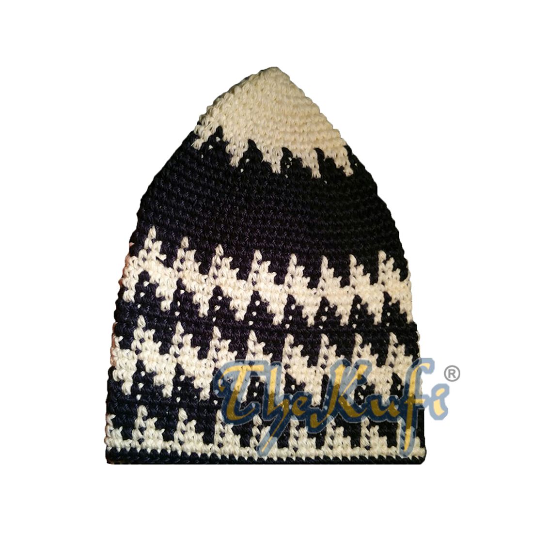 Hand-crocheted Cotton Sturdy Cream & Dark Blue Hounds-tooth Zigzag Kufi Hat
