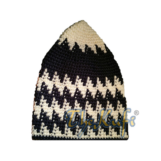 Hand-Crocheted Cotton Sturdy Cream & Dark Blue Hounds-Tooth Zigzag Kufi Hat