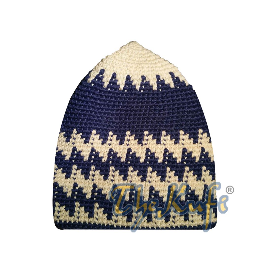 Hand-crocheted Cotton Sturdy Cream & Cobalt Blue Hounds-tooth Zigzag Kufi Hat