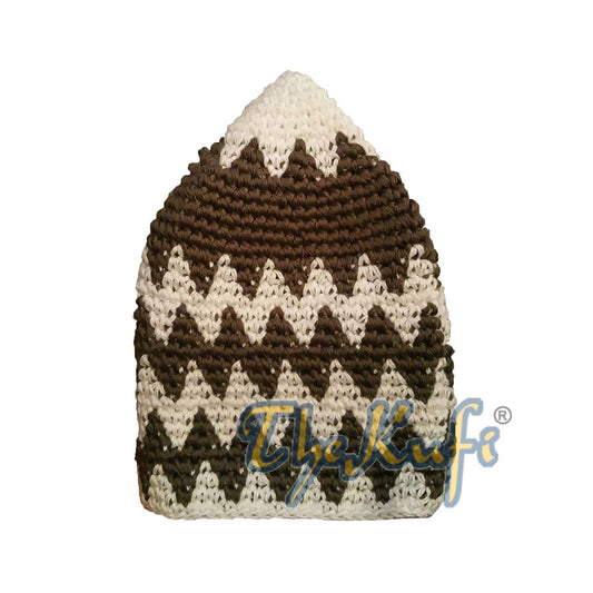 Hand-Crocheted Cotton Sturdy Cream & Faded Dark Khaki Zigzag Kufi Hat