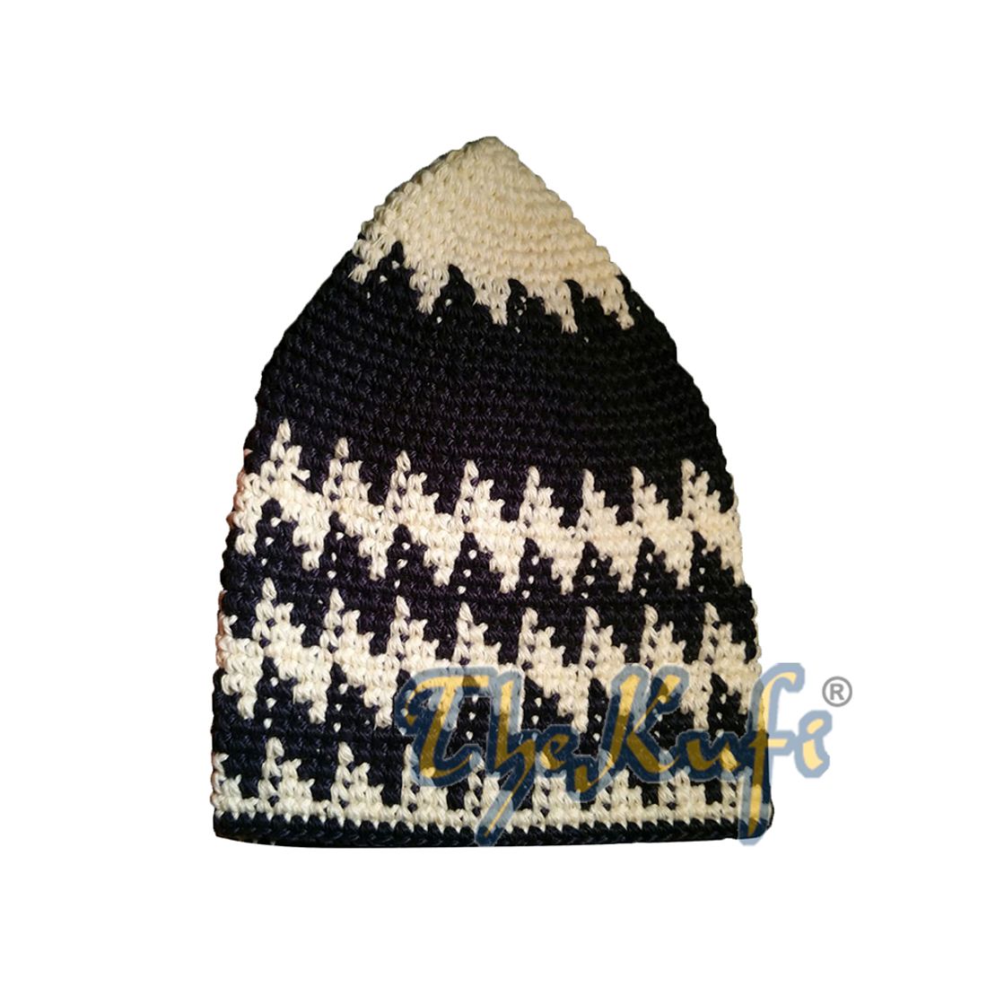 Hand-crocheted Cotton Pastel Cream and Dark Blue Zigzag Design Comfortable Head Cover