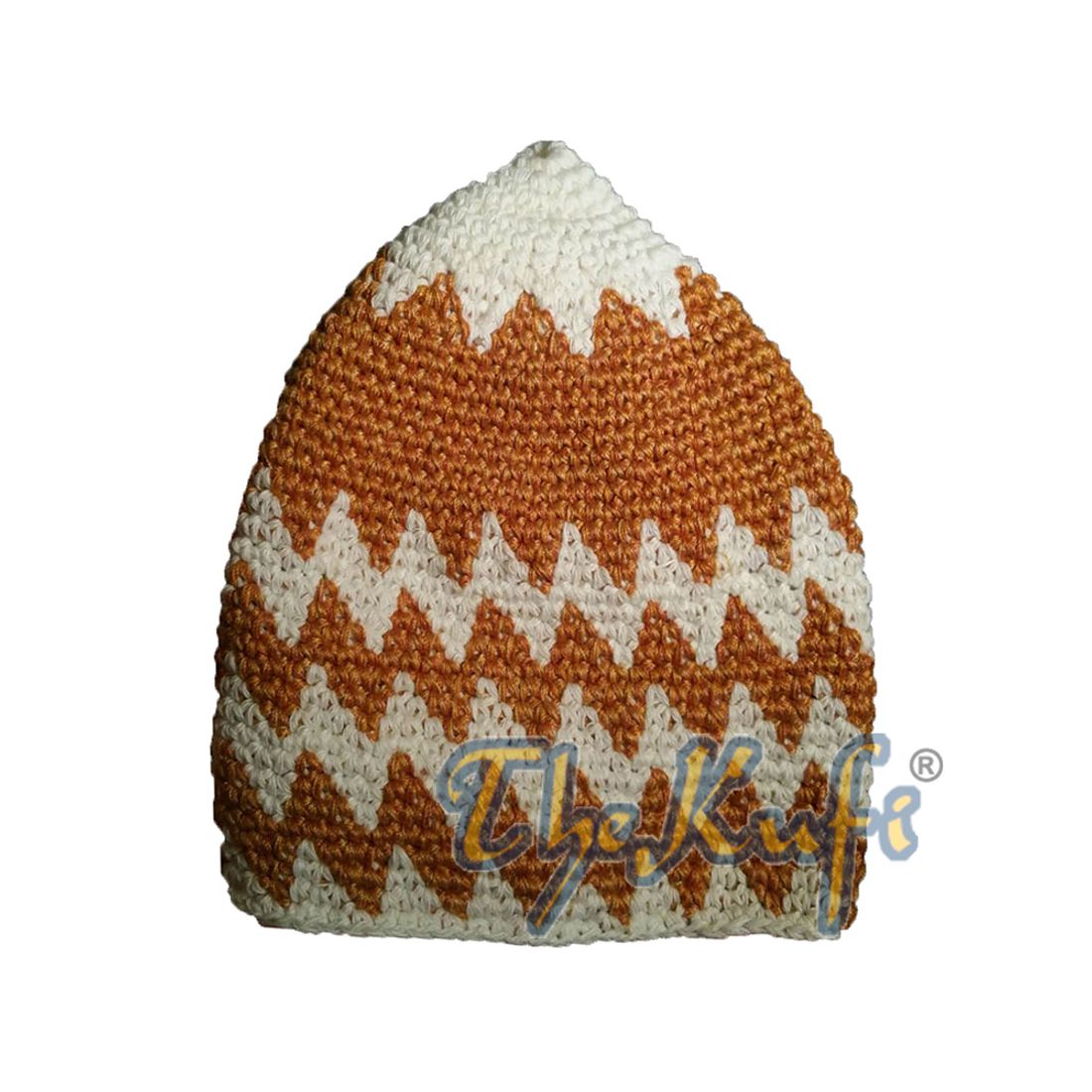 Hand-crocheted Cotton Sturdy Cream & Faded Rust Brown Zigzag Kufi Hat