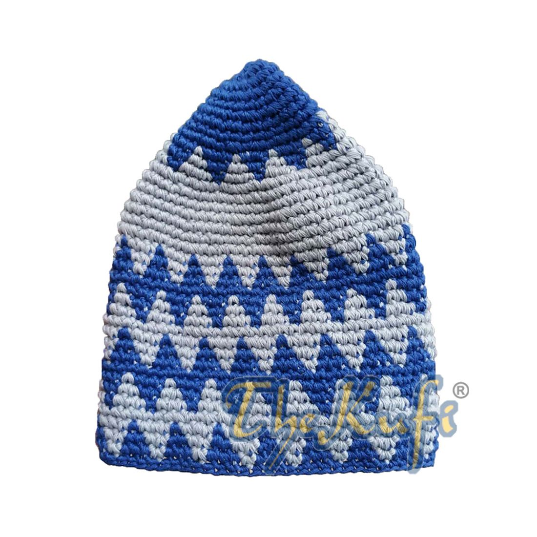 Hand-crocheted Cotton Sturdy Cobalt Blue & Gray Zigzag Kufi Hat