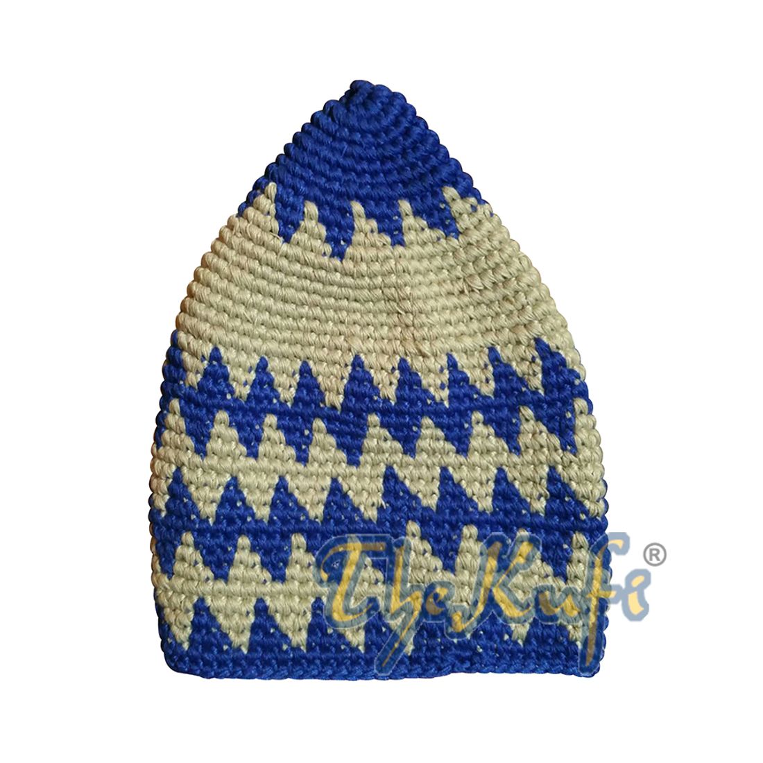 Kids Hand Crocheted Cotton Cobalt Blue & Khaki Kufi Head Cap with Zigzag Design