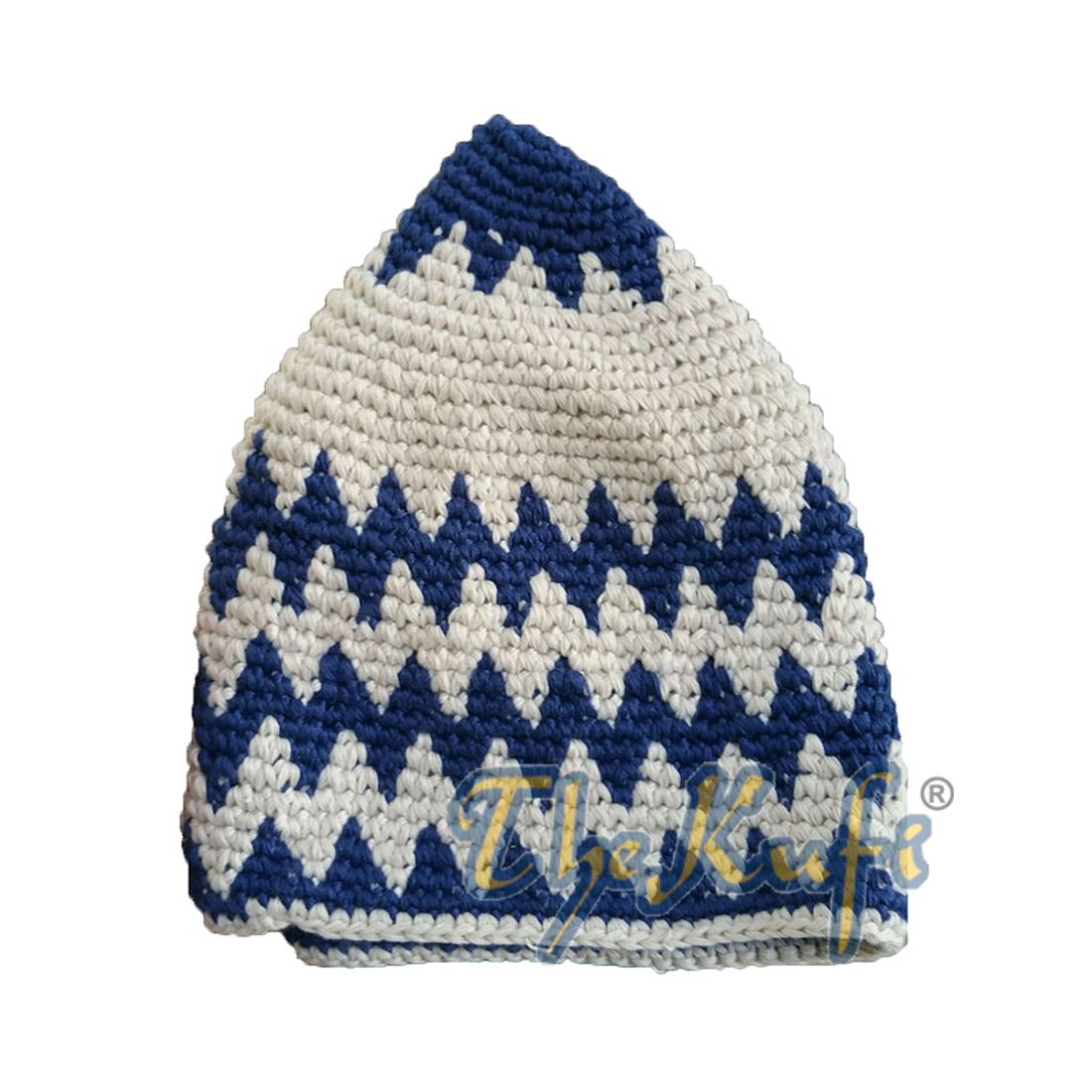 Hand-crocheted Cotton Sturdy Cobalt Blue & Latte Zigzag Kufi Hat