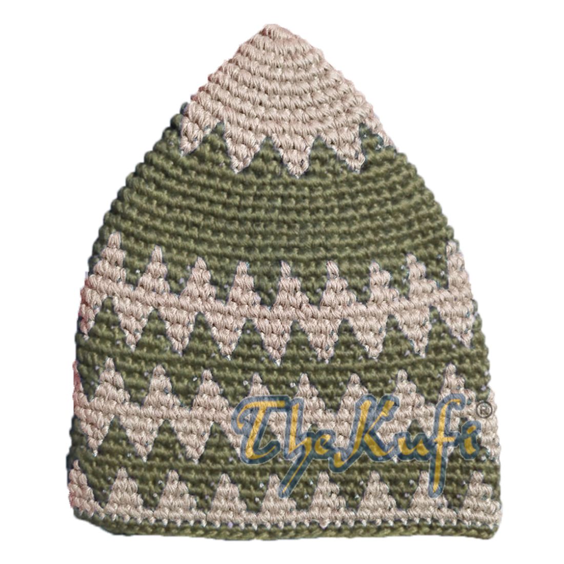 Hand-crocheted Cotton Sturdy Dark Cream & Dark Khaki Zigzag Kufi Hat