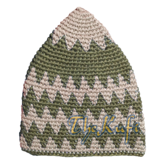 Hand-Crocheted Cotton Sturdy Dark Cream & Dark Khaki Zigzag Kufi Hat