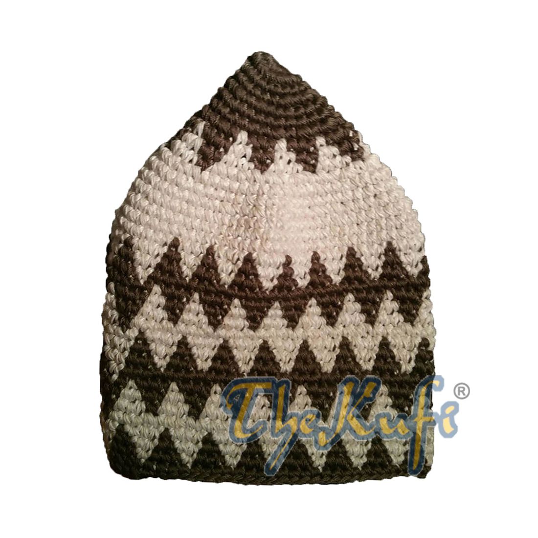 Hand-crocheted Cotton Sturdy Dark Khaki & Off-White Zigzag Kufi Hat