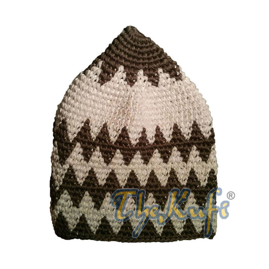Hand-crocheted Cotton Sturdy Dark Khaki & Off-White Zigzag Kufi Hat
