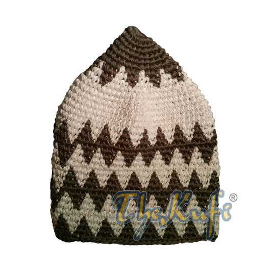 Hand-Crocheted Cotton Sturdy Dark Khaki & Off-White Zigzag Kufi Hat