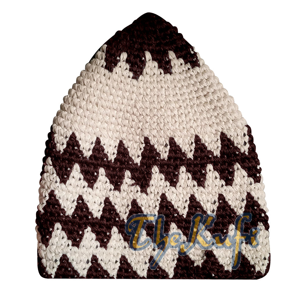 Hand-Crocheted Cotton Sturdy Dark Brown & Off-White Zigzag Kufi Hat