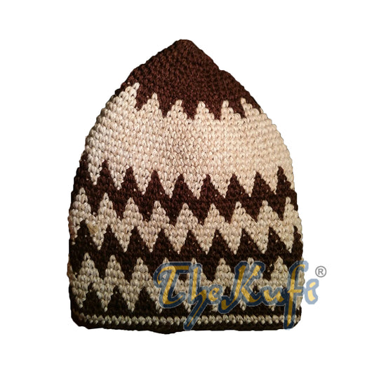 Hand-Crocheted Cotton Sturdy Dark Brown & Faded Khaki Zigzag Kufi Hat