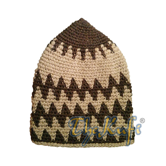 Hand-Crocheted Cotton Sturdy Dark Brown & Khaki Zigzag Kufi Hat