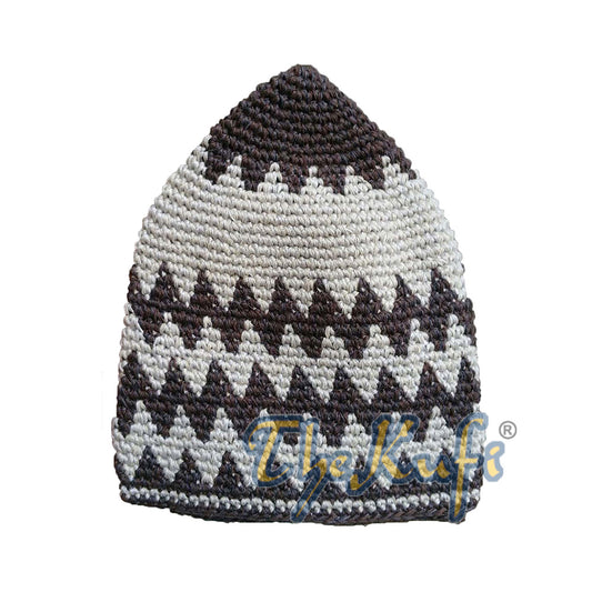 Hand-Crocheted Cotton Sturdy Faded Dark Brown & Faded Light Brown Zigzag Kufi Hat