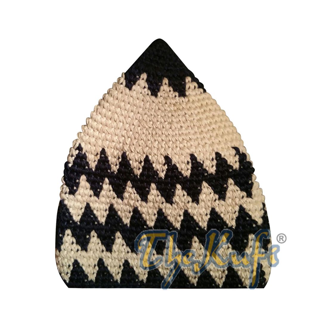Hand-crocheted Cotton Sturdy Dark Blue & Cream Zigzag Kufi Hat