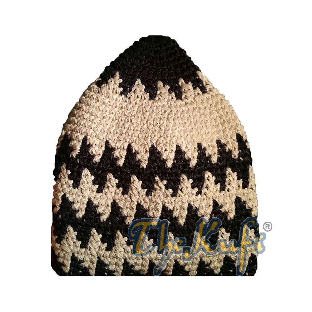 Hand-Crocheted Cotton Sturdy Dark Blue & Off-White Zigzag Kufi Hat