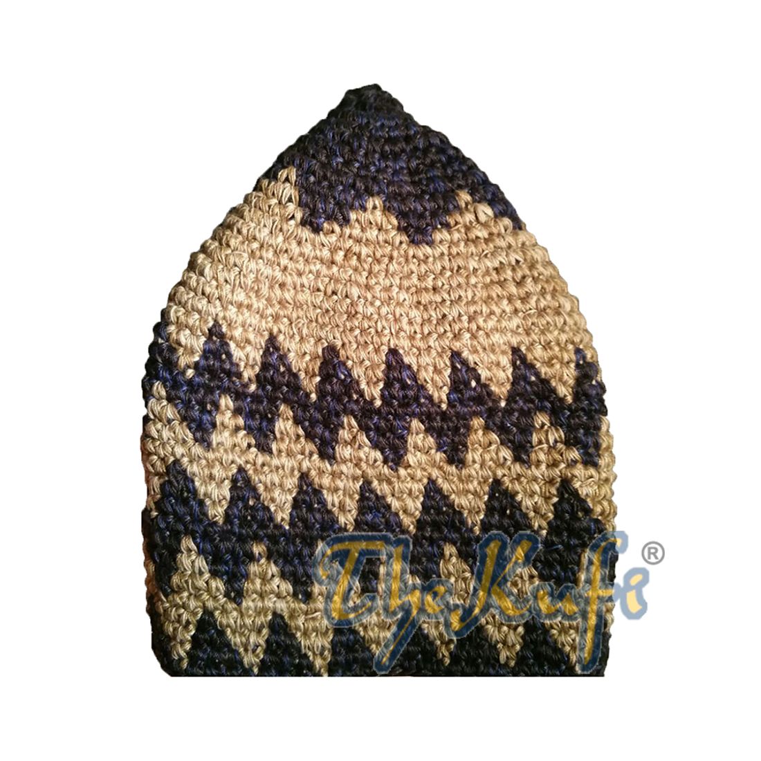 Hand-crocheted Cotton Sturdy Dark Blue & Faded Khaki Zigzag Kufi Hat