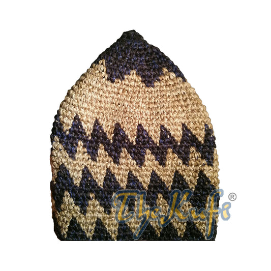 Hand-Crocheted Cotton Sturdy Dark Blue & Faded Khaki Zigzag Kufi Hat