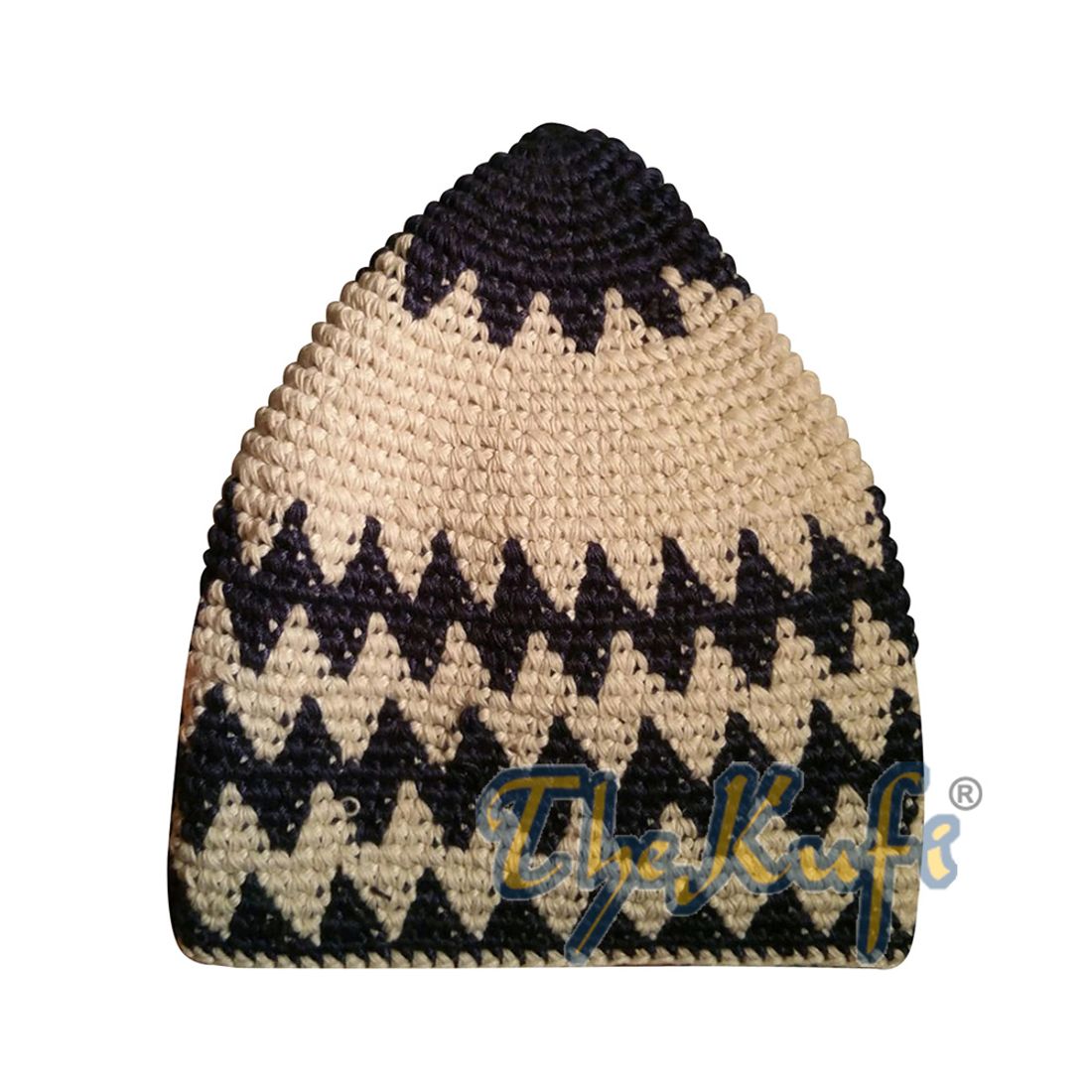 Hand-crocheted Cotton Sturdy Dark Blue & Khaki Zigzag Kufi Hat