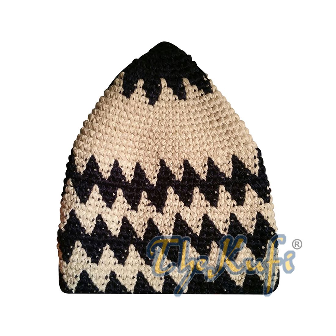 Hand-crocheted Cotton Sturdy Dark Blue & Light Cream Zigzag Kufi Hat