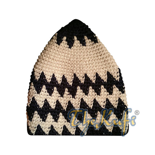 Hand-Crocheted Cotton Sturdy Dark Blue & Light Cream Zigzag Kufi Hat