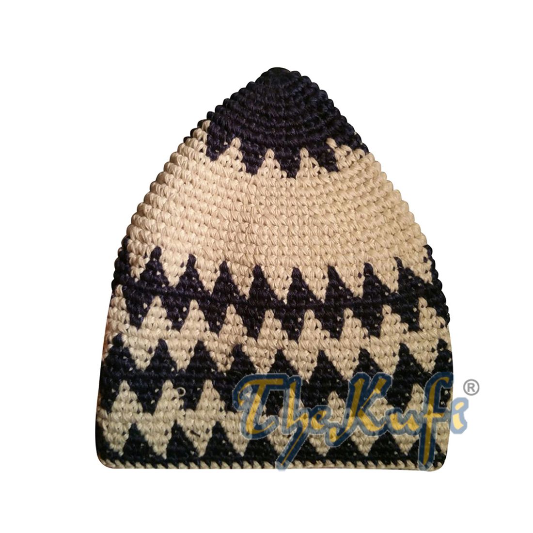 Hand-crocheted Cotton Sturdy Dark Blue & Light Khaki Zigzag Kufi Hat
