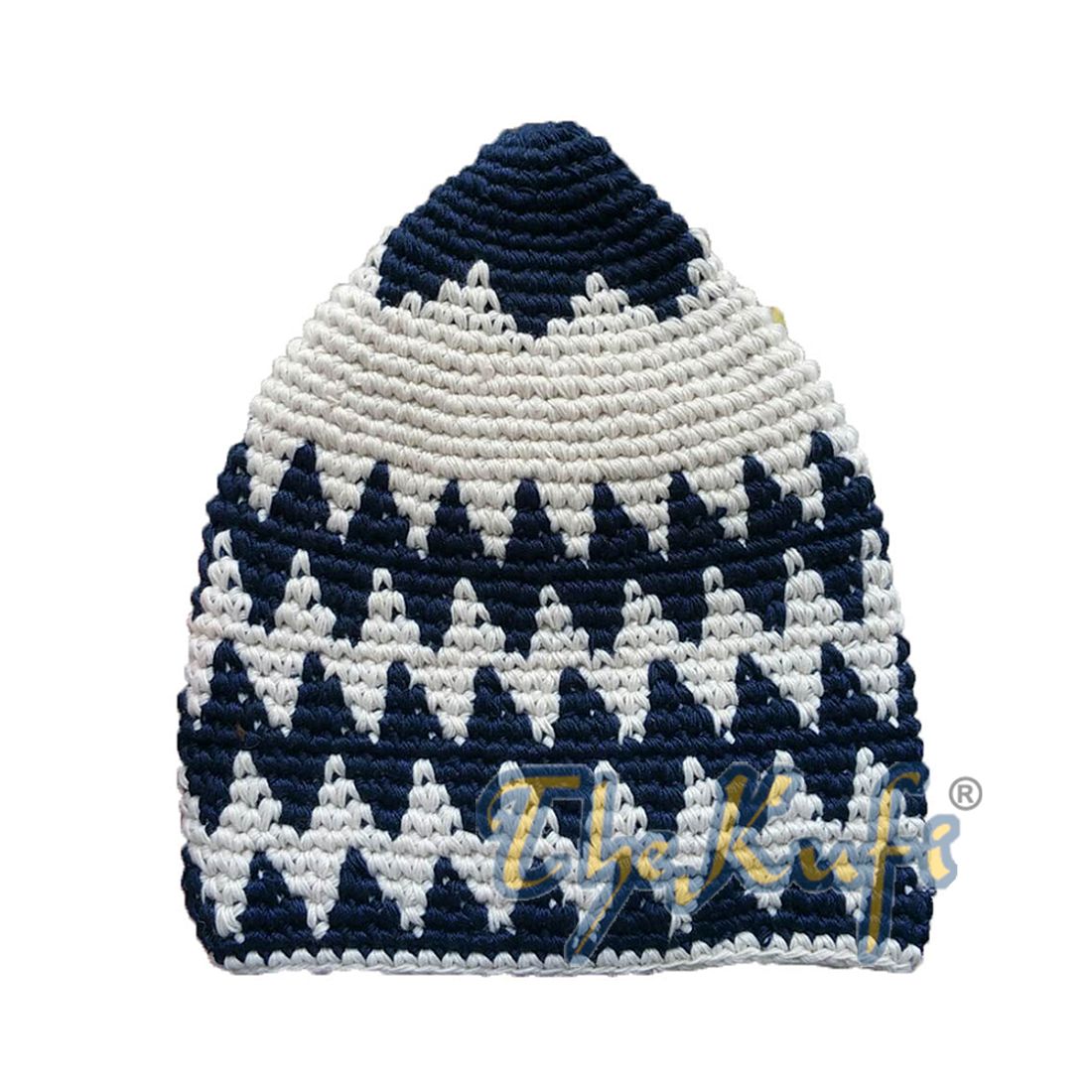Hand Crocheted Cotton Dark Blue & Latte Zigzag Kufi Hat