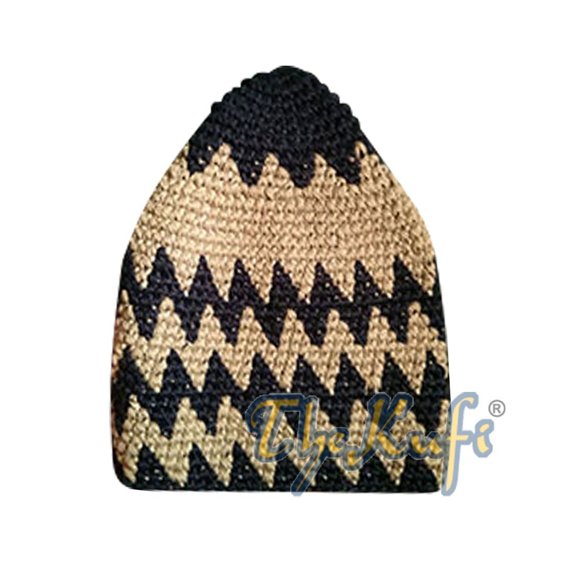 Hand-crocheted Cotton Sturdy Dark Blue & Tan Zigzag Kufi Hat