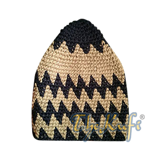 Hand-Crocheted Cotton Sturdy Dark Blue & Tan Zigzag Kufi Hat