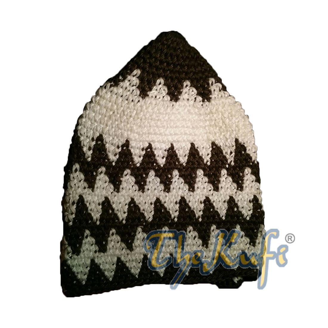 Hand-crocheted Cotton Sturdy Dark Olive Green & Off-White Zigzag Kufi Hat