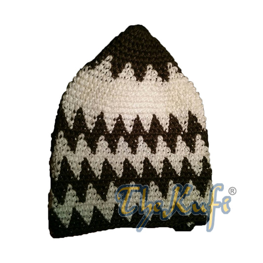 Hand-Crocheted Cotton Sturdy Dark Olive Green & Off-White Zigzag Kufi Hat