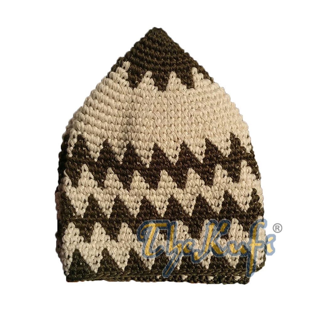 Topi Kufi Zigzag Hijau Zaitun Tua dan Latte yang Dirajut Tangan dari Katun Kuat